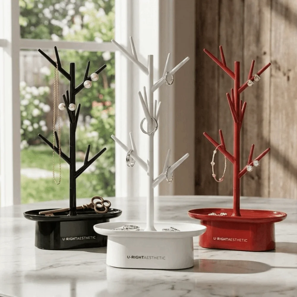 

Plastic Tree Shape Jewelry Rack Space Saving with Storage Box Jewelry Organizer Decorative Jewelry Display Stand Tabletop