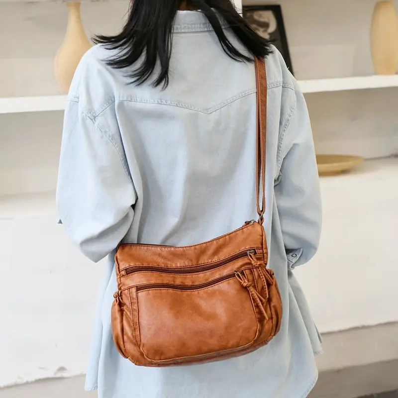 Washed leather women\'s bag 2024 European and American retro shoulder bag versatile large-capacity crossbody bag PU soft leather