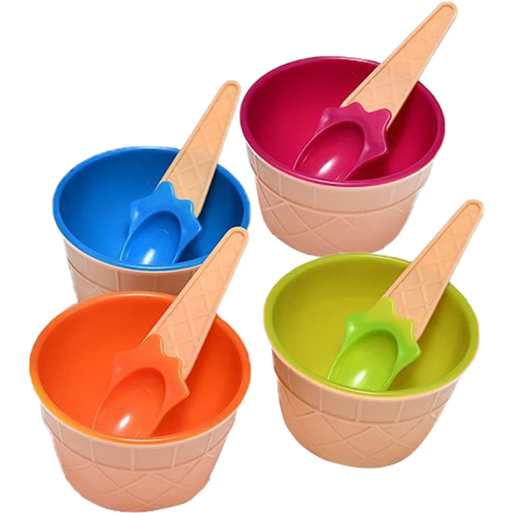 4 Sets Candy Sauce Bowl Dessert Cups with Spoons Cupcake Stand Ice Cream Plastic Cartoon Designed Serving Child