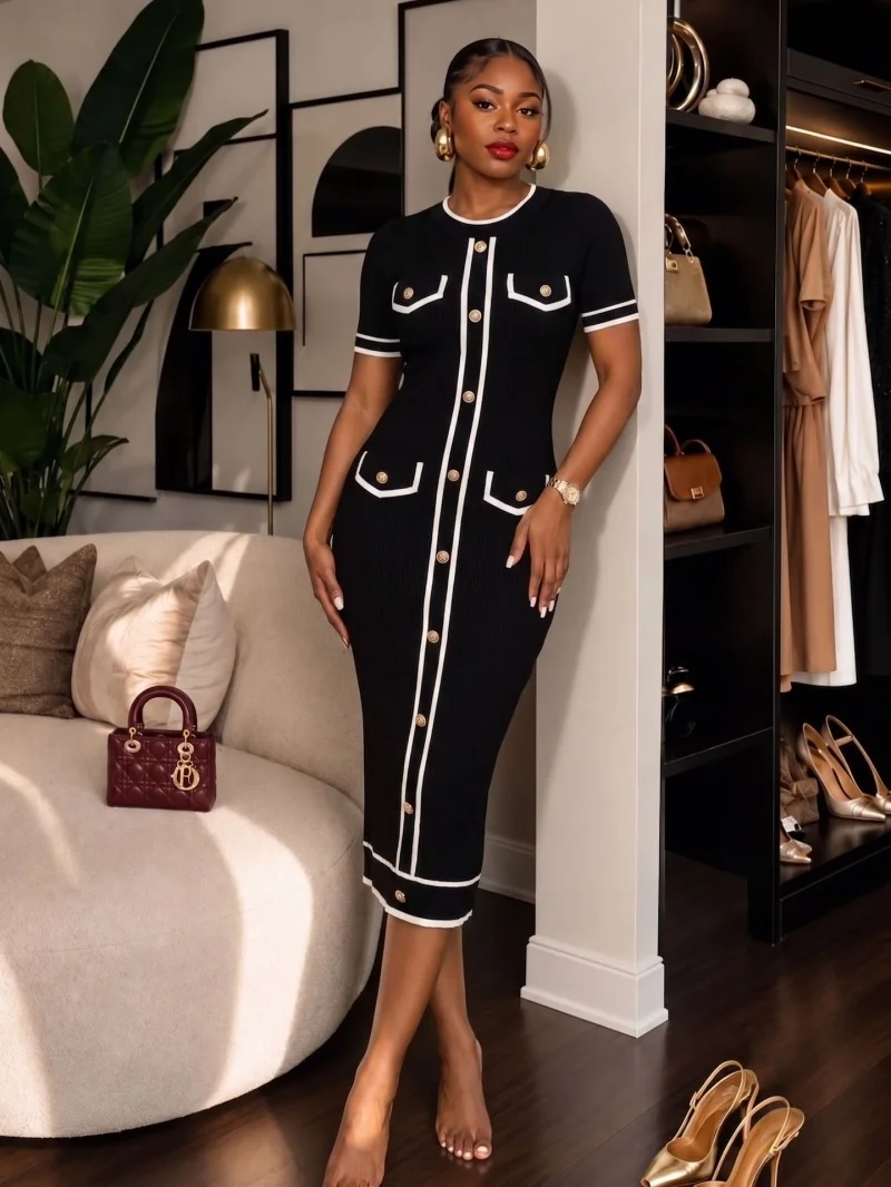 Elegant Colorblock Knitting Dress Summer Clothes Women 2026 Short Sleeve O-Neck Bodycon Midi Dresses OL Style Knitted Slim Dress