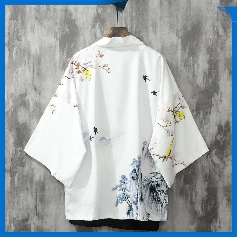 رداء هانفو داو على الطراز الكوري مطبوع عليه طائر أصفر البرقوق عصري فضفاض غير رسمي على الطراز القديم للرجال