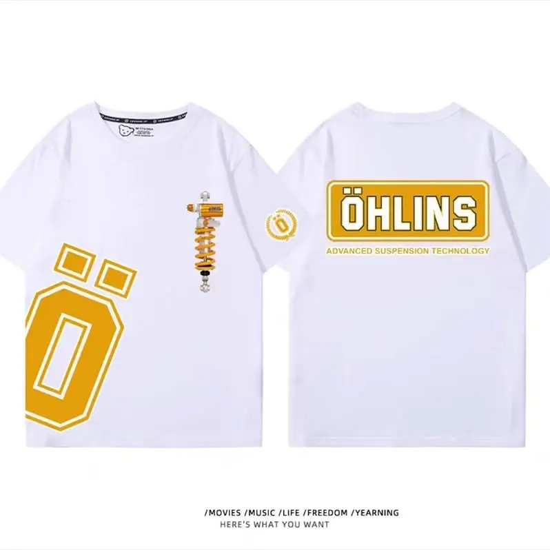 Fashion Trend Cotton OHLINS Motorcycle Shock Absorber Modified T-shirt Clothes Casual Trendy Brand  Women Car Club Short Sleeves