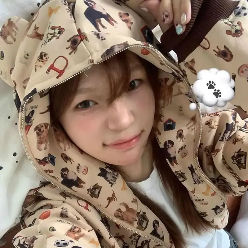 Zipper Hoodie Dog Print Harajuku Pattern Women Kawaii Short Cute Pattern Hooded Retro Y2k Japanese Style Hoodie