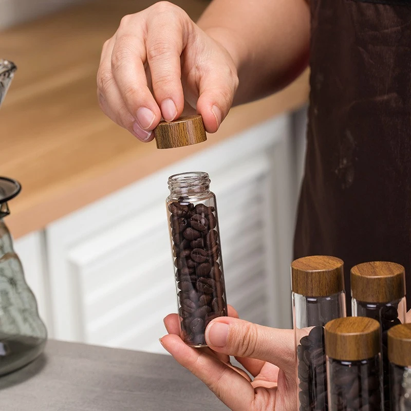 Single Dose Coffee Bean Storage Tubes Coffee Bean Cellar 6 Pcs Dosing Glass Vials With Lids Wooden Display Stand And Funnel