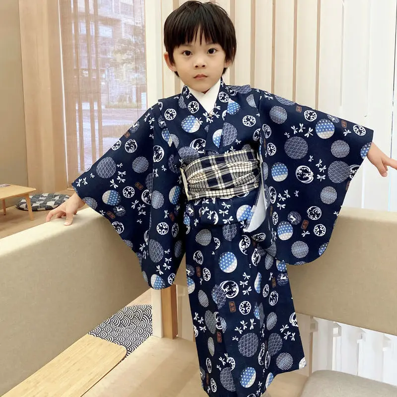 Boys Traditional Japanese Kimono with Belt Kids Clothes Baby Kimono Yukata Children\'s Animal Print Long Sleeve Kimono LC985