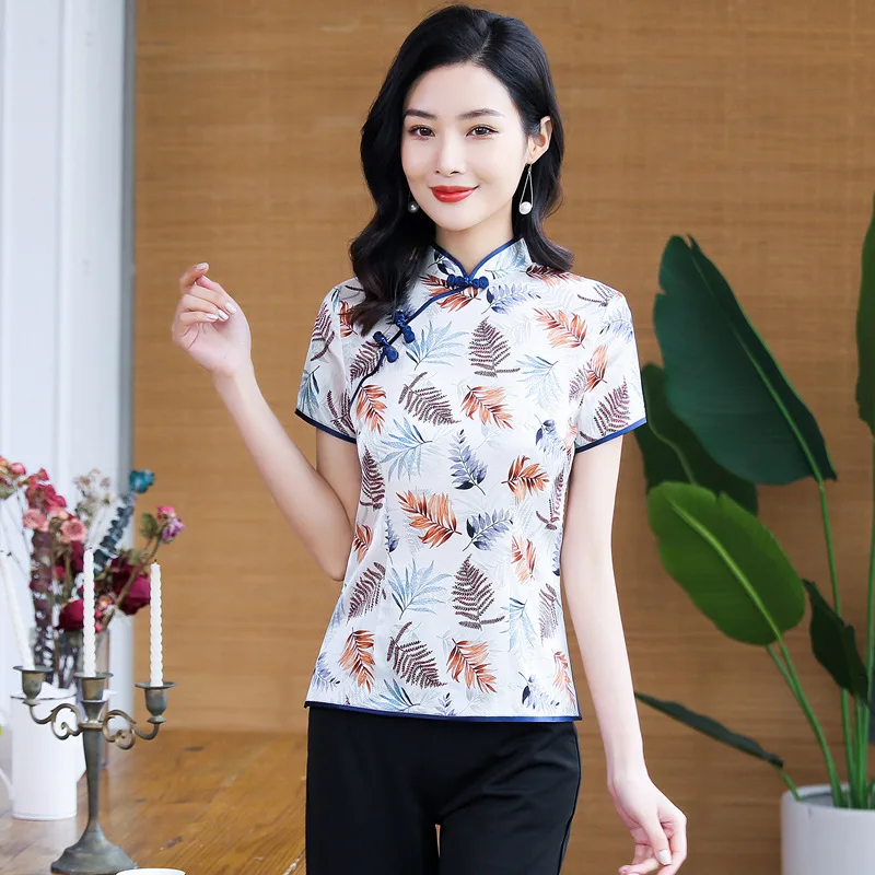 Summer New High Quality Real Silk Vintage Print Short Sleeves Cheongsam Qipao Women's Dress Suit Upper Clothes