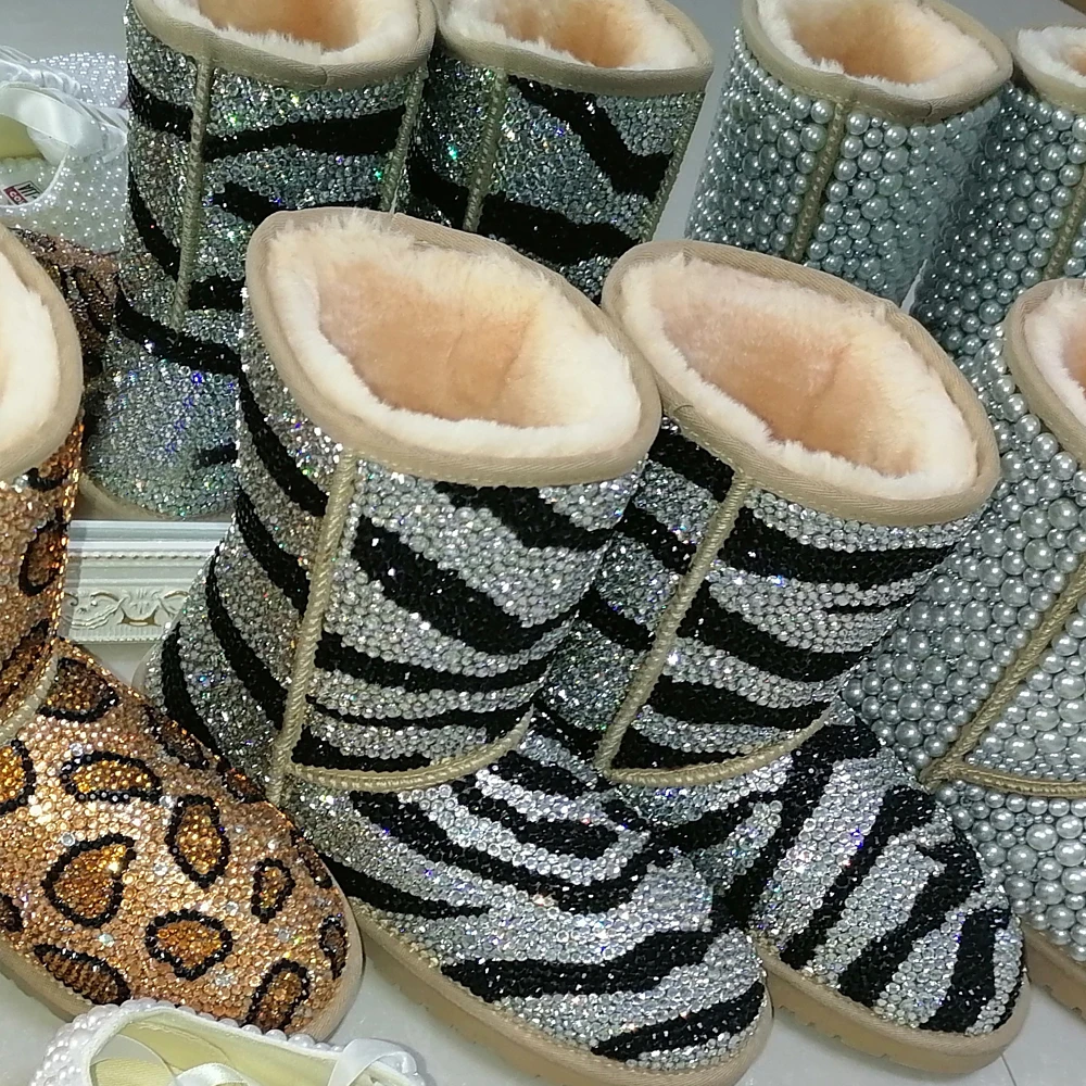 Handmade Rhinestones Bling Pearl Girls Kids And Mother Children Womens Candy Winter High-top Snow Boots Cow Suede Upper Warm