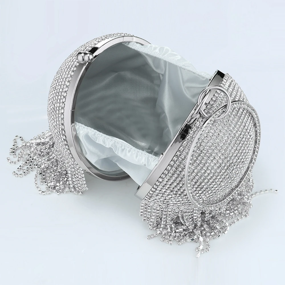 Sliver Diamonds Rhinestone Round Ball Evening Bags For Women 2024 Fashion Mini Tassels Clutch Bag Ladies Ring Handbag Clutches