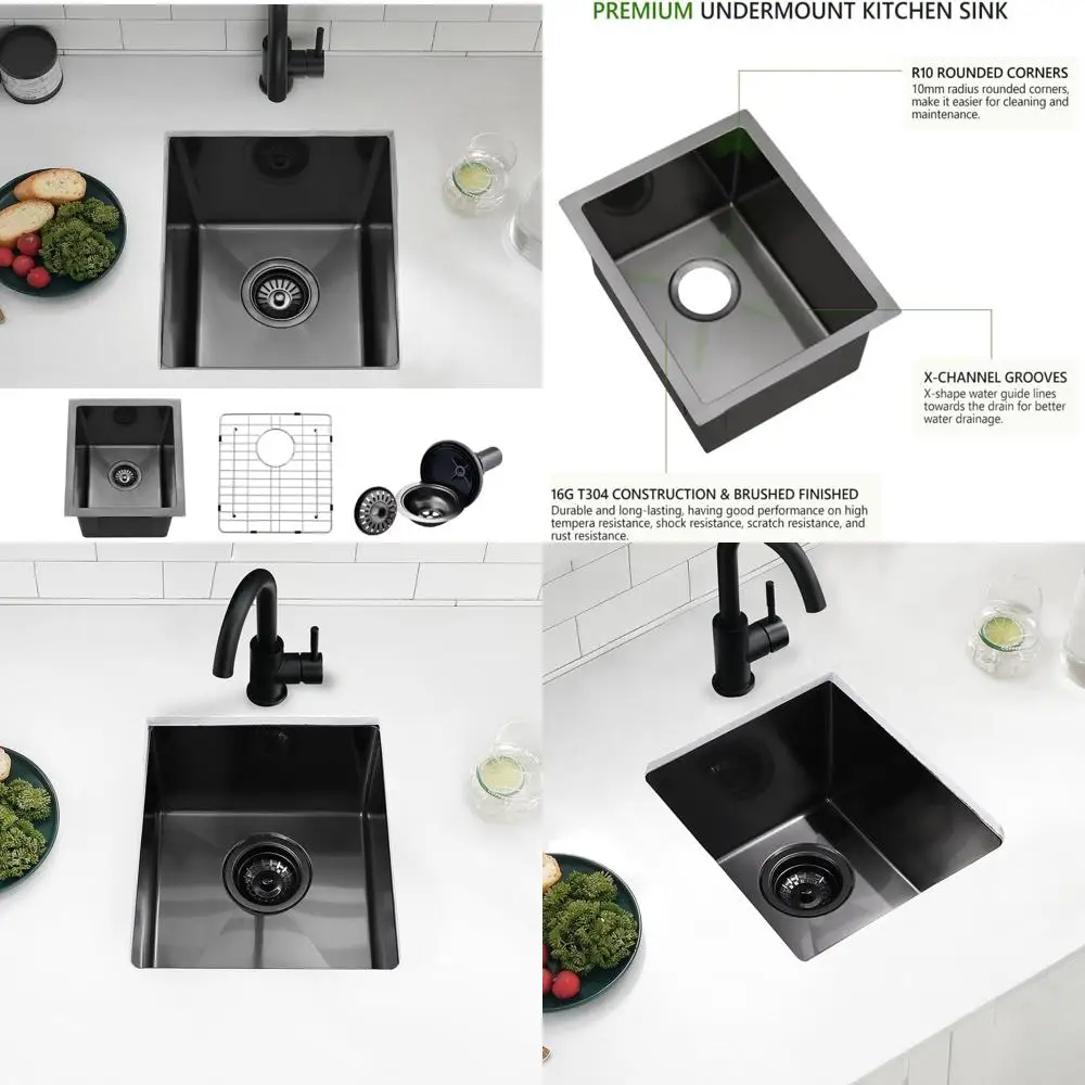 

Black Undermount Bar Sink, 13x15 Inch 16-Gauge Stainless Steel Kitchen Sink with Bottom Grid for Small Spaces