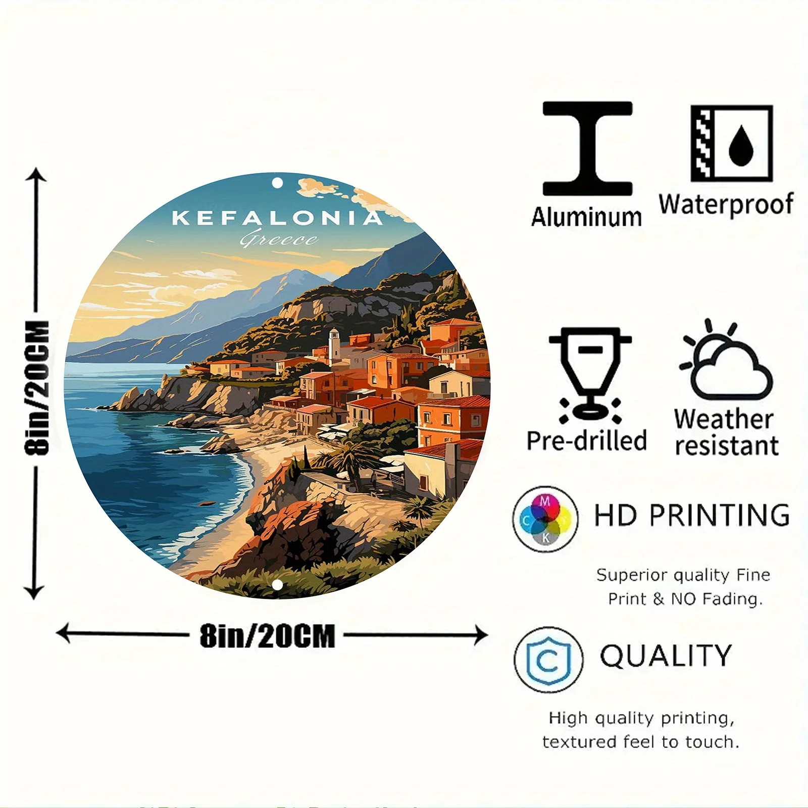 Kefalonia Greece Vintage-Style Metal Sign - 1pc Aluminum 2D Printed Round Wall Decor - Pre-Drilled, Weather-Resistant, High-Defi