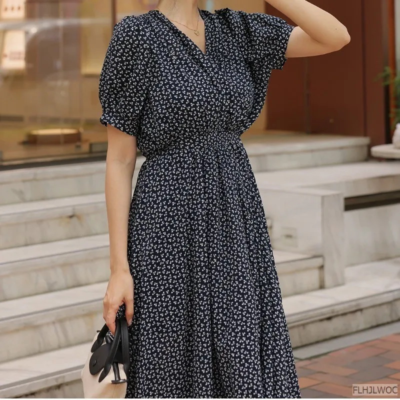 M-3XL French Design Elegant Long Dresses New 2024 Women Summer Short Sleeve Floral Flower Retro Vintage Black Chic Korea Dress