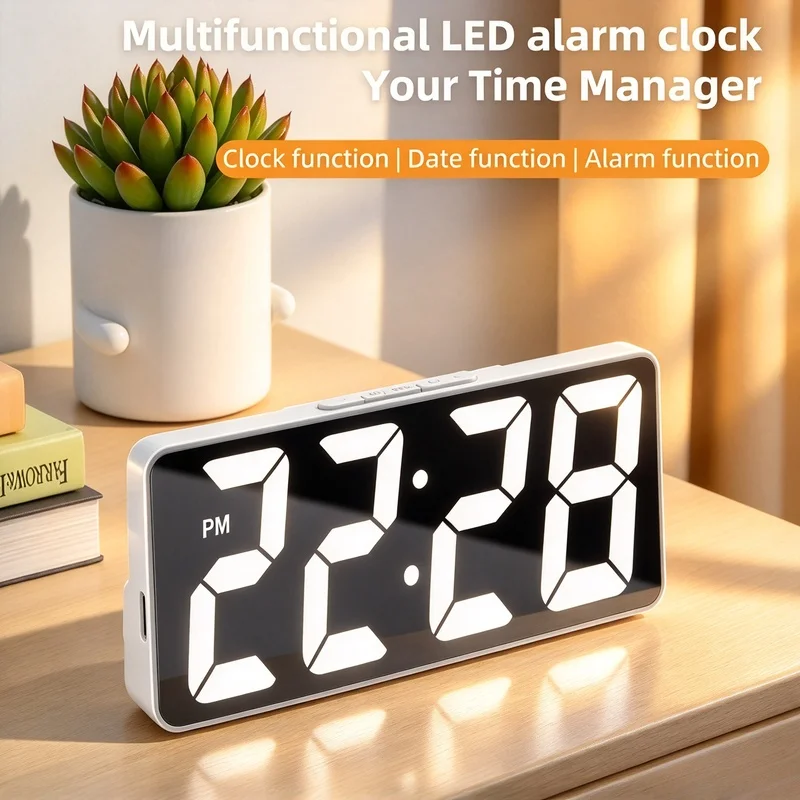 LED Digital Alarm Clock with Temperature Display, Adjustable Brightness 12/24H Mode Desktop Electronic Clock for Bedroom