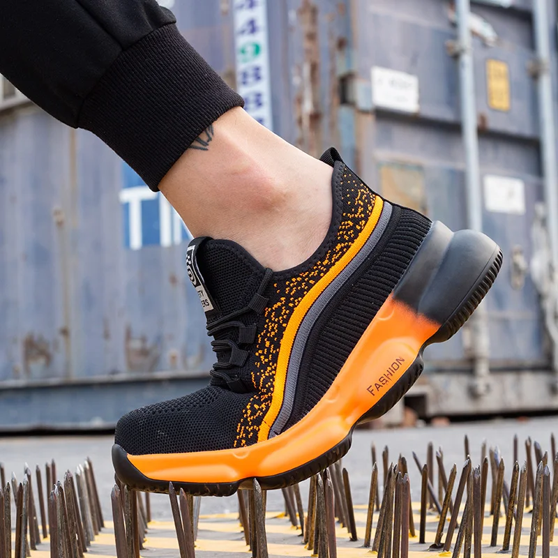 Orange Men Work Shoes Fashion Steel Toe Cap Sneakers Men Safety Shoes Anti-smash Anti-puncture Indestructible Shoes Breathable