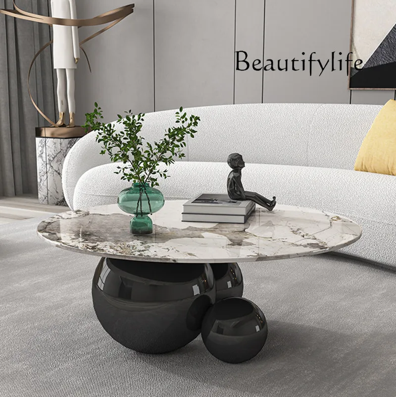 

Italian three-ball round coffee table rock slab creative household modern small apartment stainless steel high-end living room c