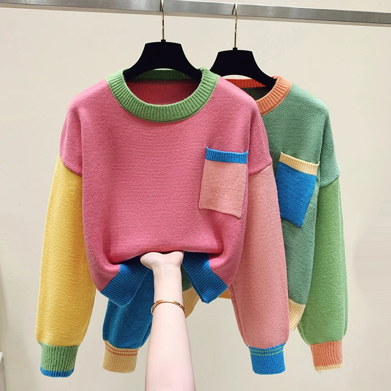 Casual Fashion Color-blocked Sweater Knitwear Women Sweet Loose Pullover Tops Long Sleeve Round Neck Chic Female Knitwear 2023