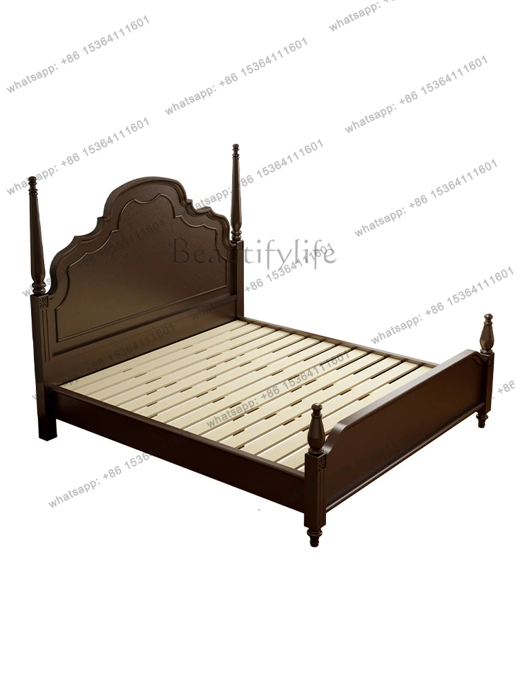 American country style full solid wood double bed French retro high box ash wood bed