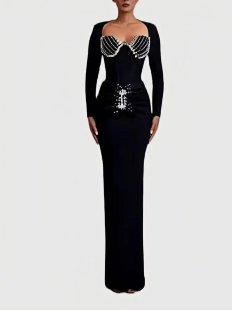 

Luxury Black Red Sparkly Rhinestone Bandage Dress Women Long Sleeve Bodycon Elegant Evening Party Club Birthday Dress