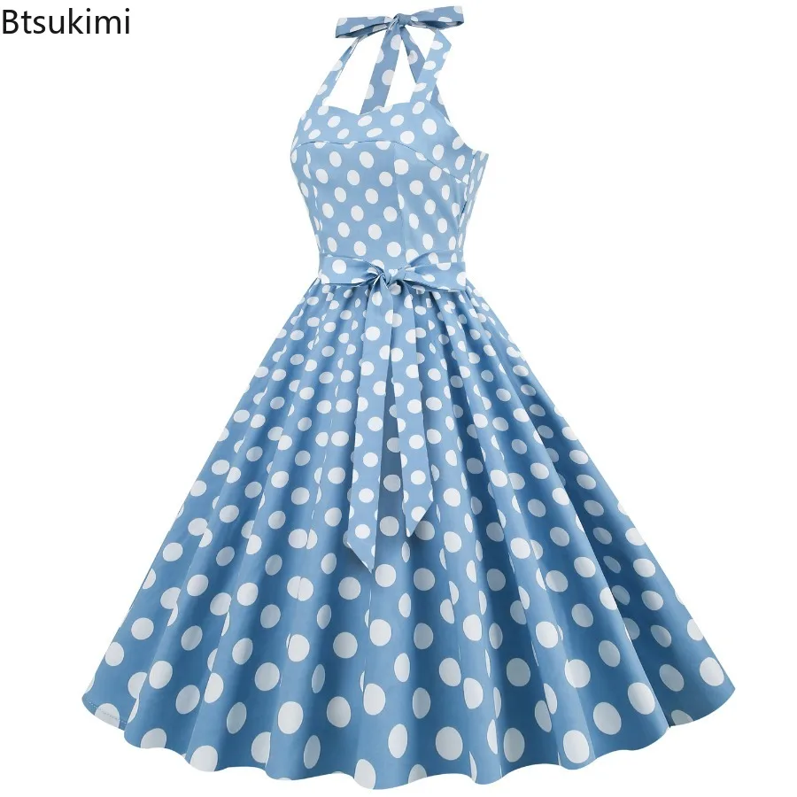 レディースヴィンテージ水玉Aラインロングドレスホルターレースアップバックレスハイウエストパーティードレスノースリーブカクテルフォーマルドレス