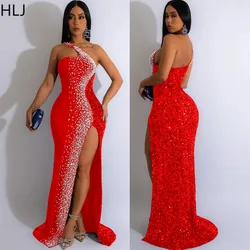 HLJ Fashion One Shoulder Rhinestone Evening Party Dresses Women Sleeveless Sequin High Slit Floor Dress Sexy Bodycon Vestidos