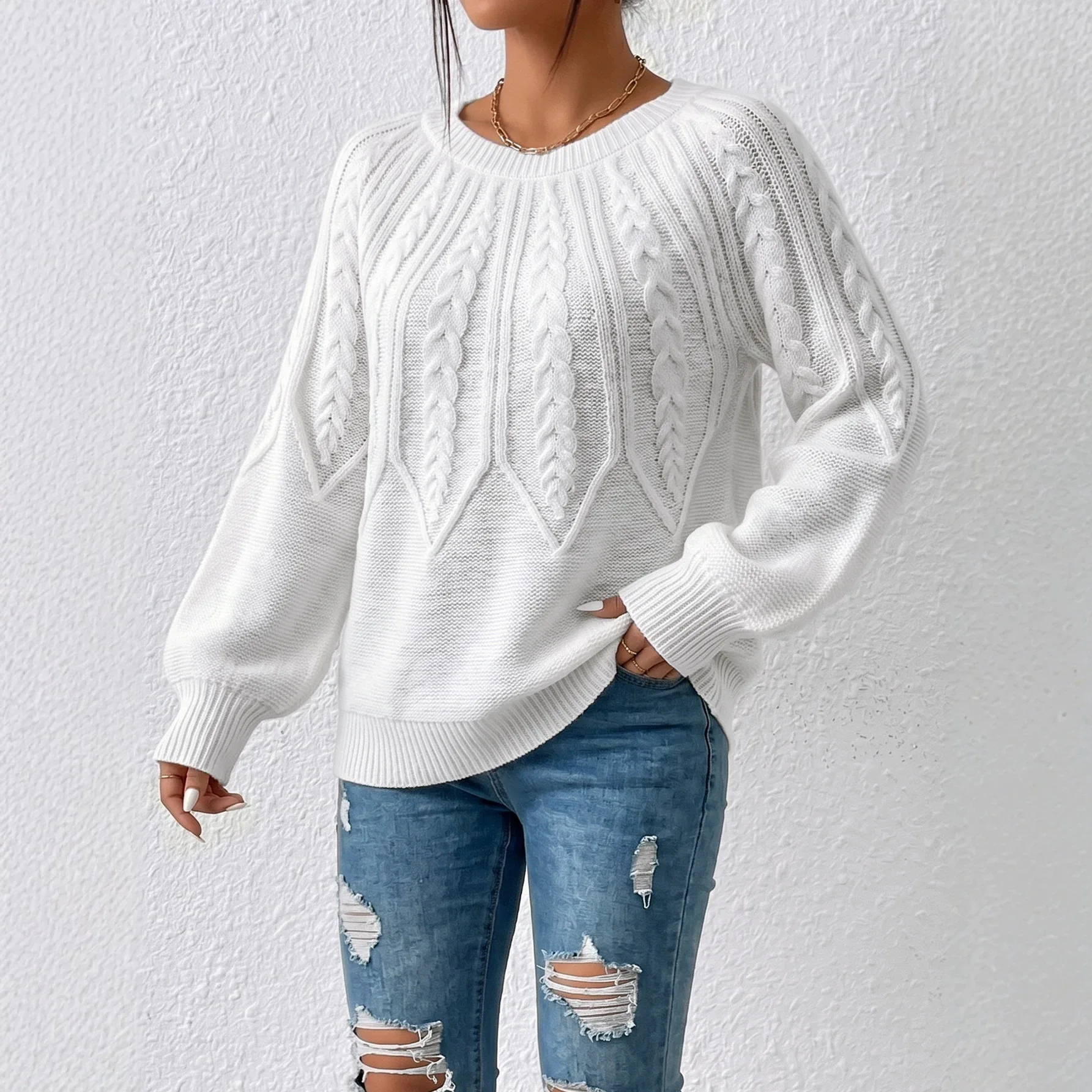 Pullover Round Neck Knitted Sweater Long Sleeve Three-dimensional Twist Solid Color Autumn and Winter Versatile Knitted Top
