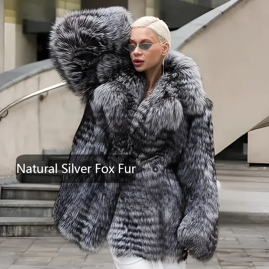 ของแท้ฟ็อกซ์ขนสัตว์แจ็คเก็ตSilver Foxขนสัตว์สตรี 2024 สินค้าใหม่คุณภาพสูงFox Fur CoatsกับLapel