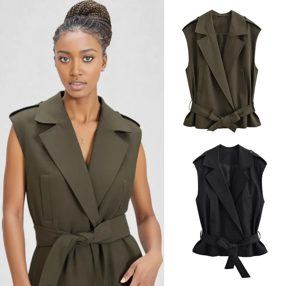 

Женский жилет с воротником с лацканами и поясом, женский жилет для отдыха, модный осенний женский жилет без рукавов, женский топ, уличный женский топ