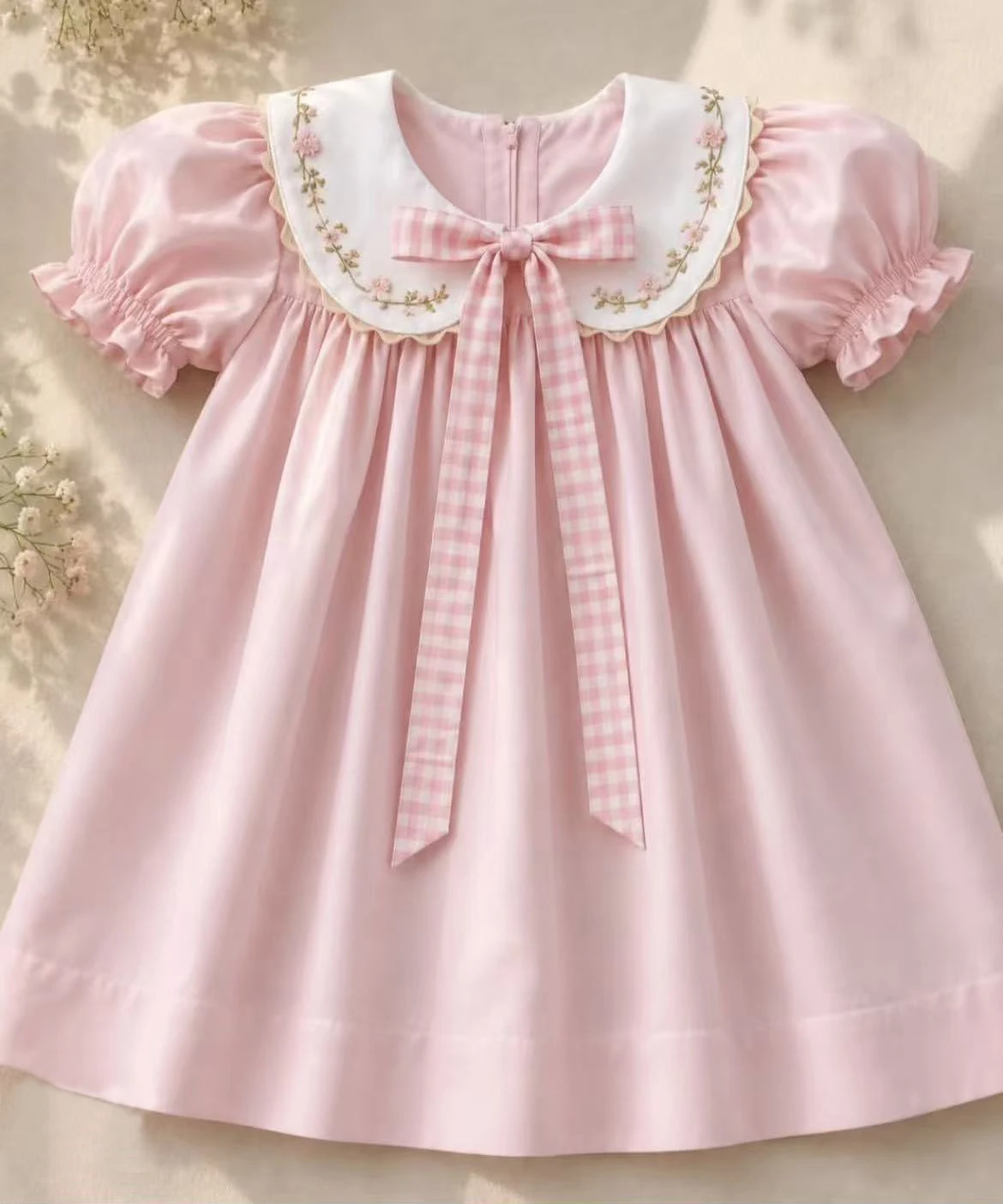 Baby Girl Summer Pink Floral Embroidery Dress Romper for Casual Birthday Photography B709
