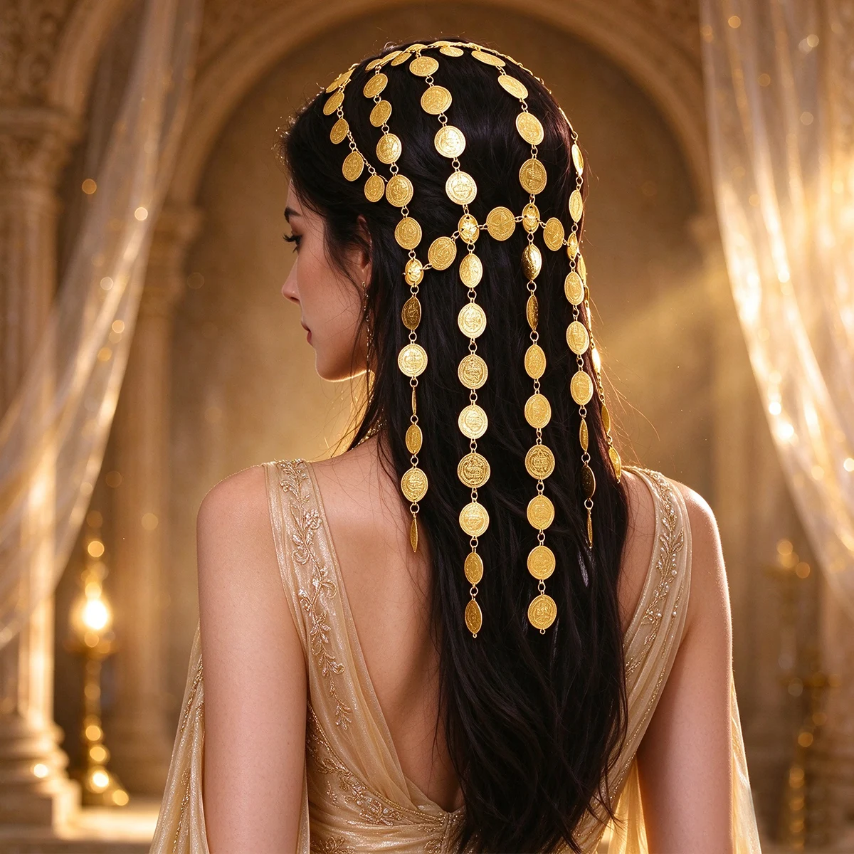 Boho Ethnic Gypsy Gold Plated Coins Long Chain Head Chain For Women Arabian Bridal Headpiece Wedding Party Hair Accessories
