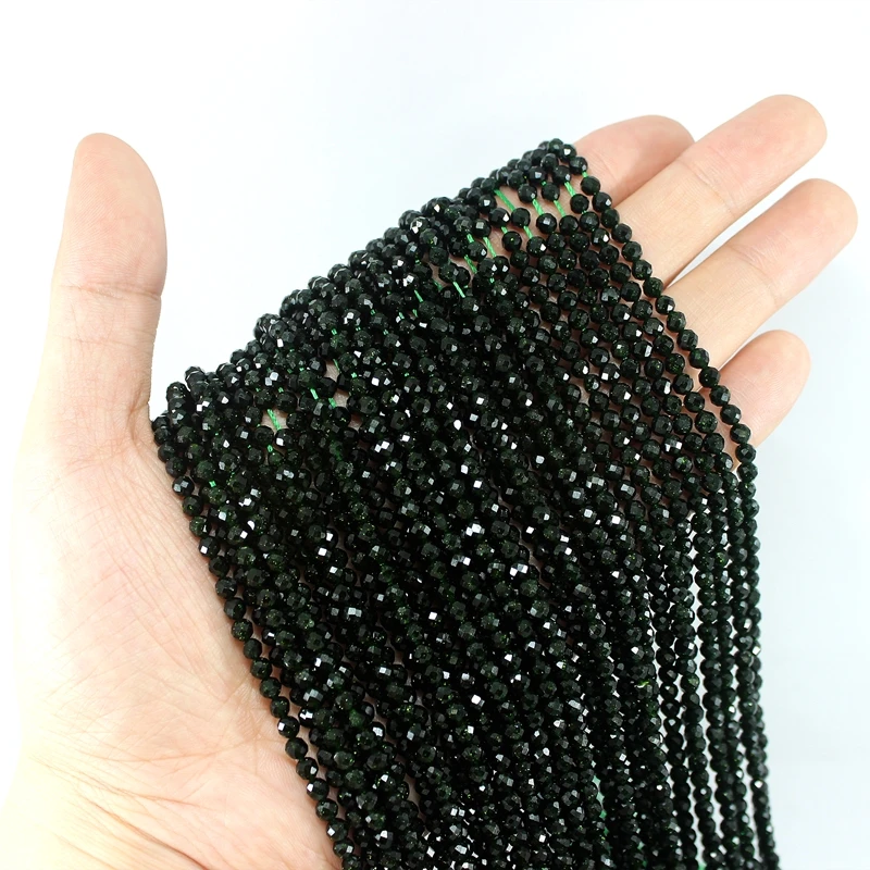 Natural Faceted Gold Blue Green Color Sand 2 3 4MM Round Loose Strand Stone Beads For Jewelry Making Bracelets Necklace Waist