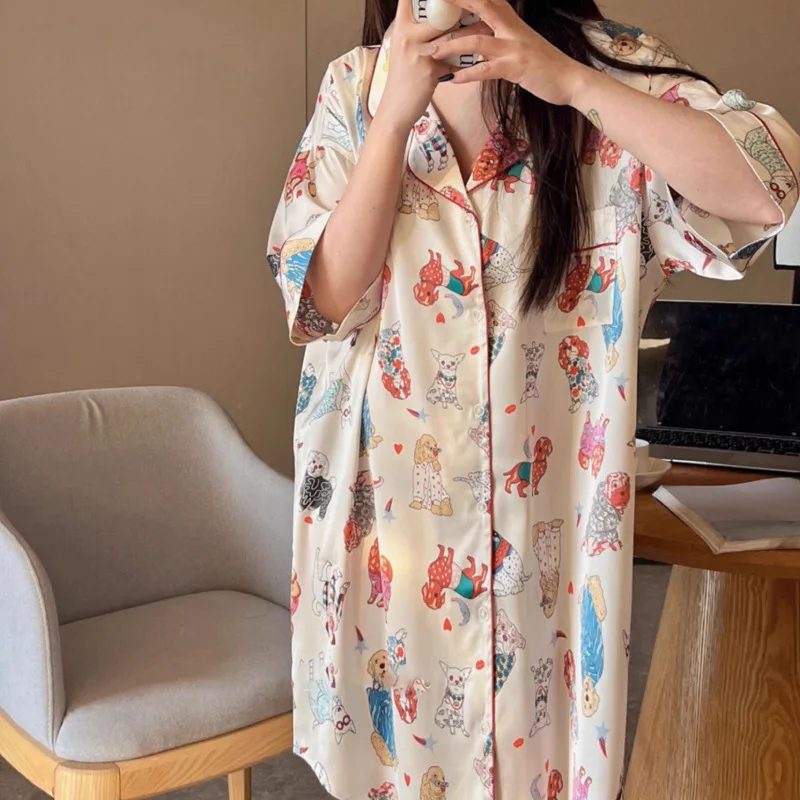 Cartoon Print Women‘s Nightgowns 2024 Faux Silk Satin Nightskirt New Sleepskirt Summer Nightdresses Night Gown Sleepwear Pajama