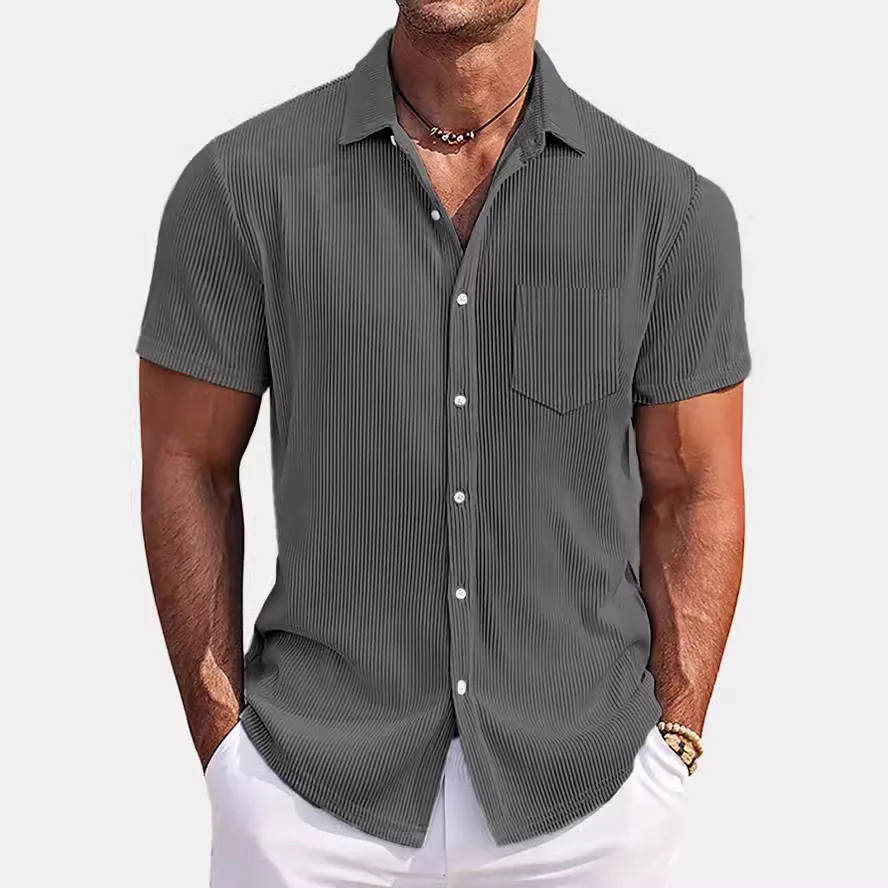 

2025 New Men's Solid Color Loose Striped Short-sleeved Shirt