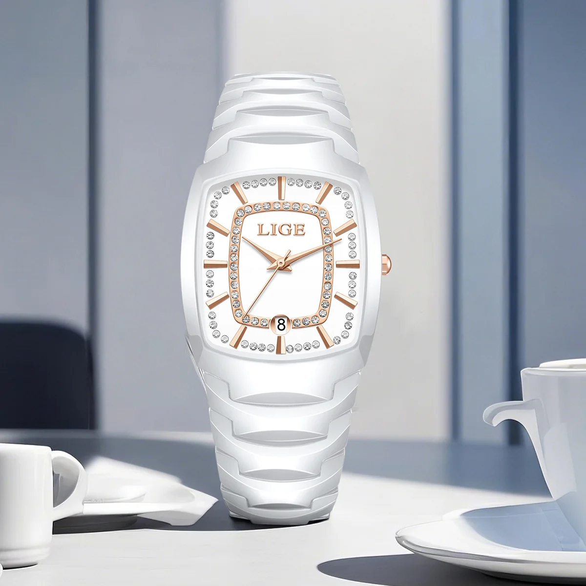 LIGE ساعات سيدات الأعمال الفاخرة موضة السيراميك الأشرطة ساعات كوارتز كلاسيكية الماس الهاتفي مقاوم للماء Laides ساعة هدية على مدار الساعة