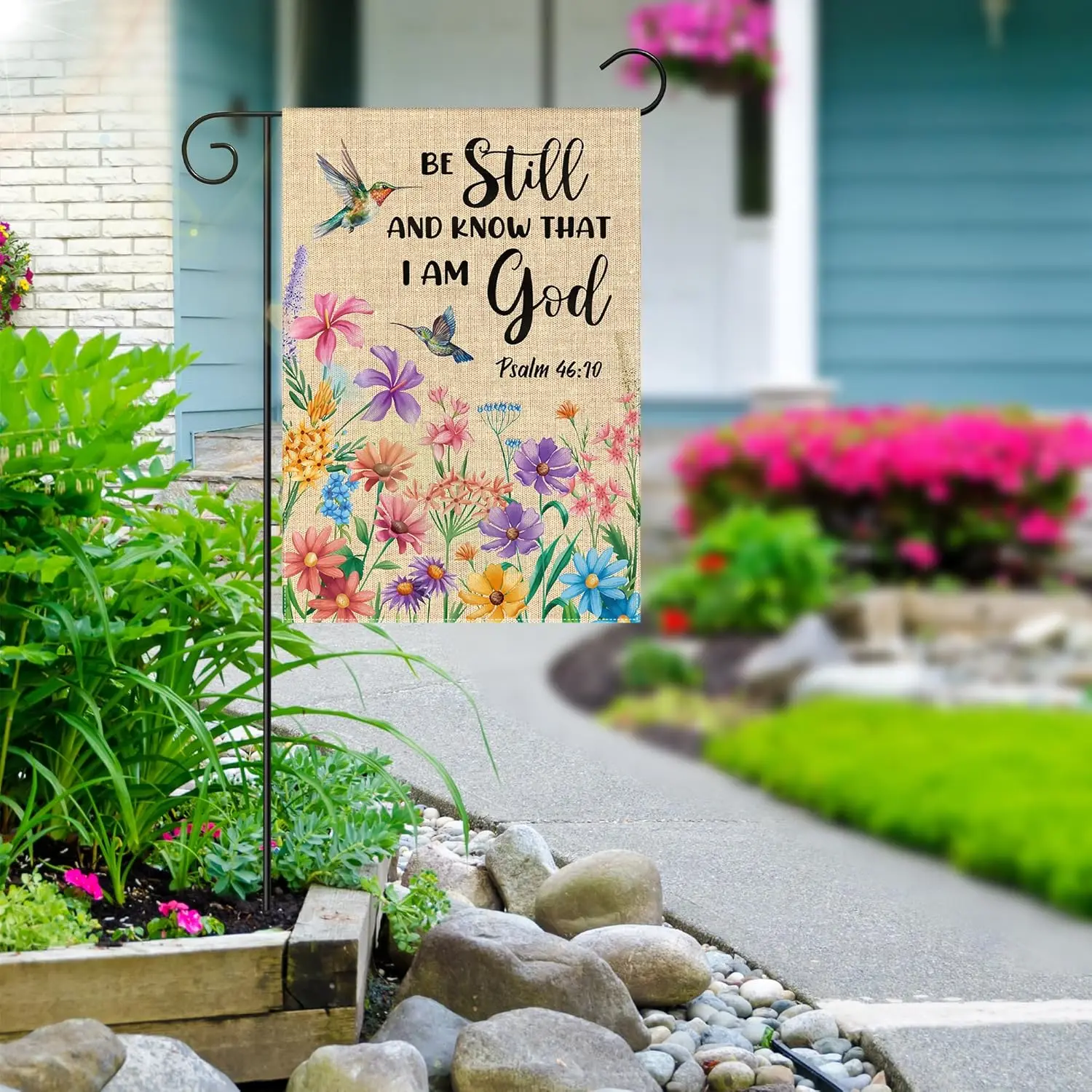 WATINC Christian Hummingbird Flower Garden Flag - 12 x 18 Inch Linen Religious Be Still and Know That I am God Yard Flag for MMZ