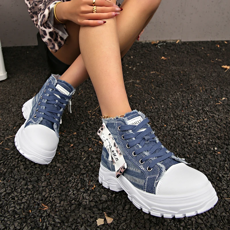 

Womens Shoes High Top Lace Up Denim Canvas Shoes Women 2025 Thick Sole Zipper Decor Sneakers Woman Breathable Soft Sole Sneakers