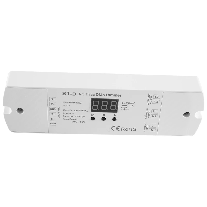 AC100V - 240V 288W 2CH Triac DMX Dimmer LED, podwójny kanał wyjście krzemu DMX512 kontroler Led wyświetlacz cyfrowy S1-D biały