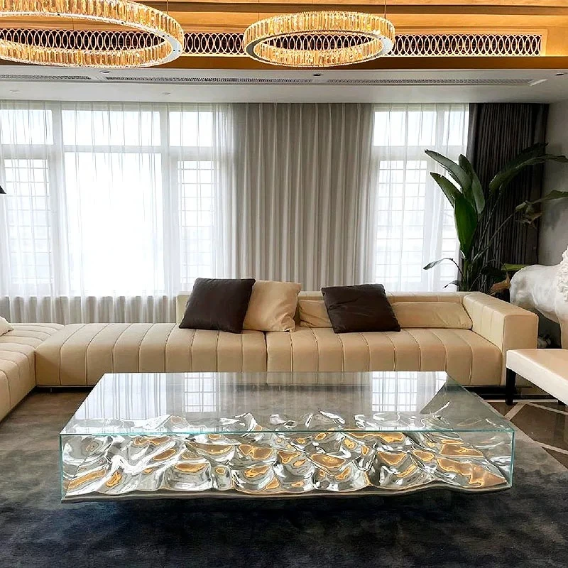 Acrylic coffee table, living room, wabi sand wind glass, transparent square water ripple art, light luxury simple wave coffee