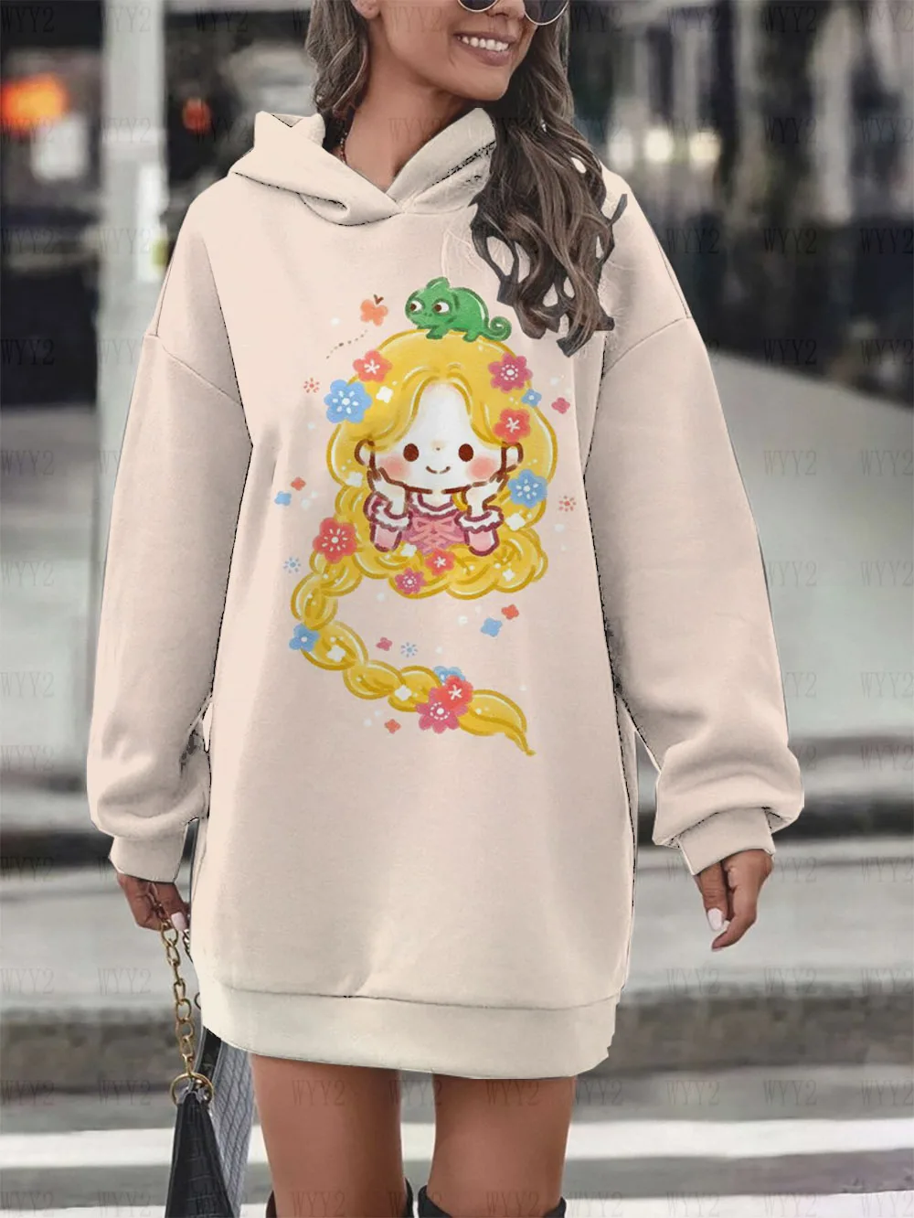 Nuevo Otoño e Invierno mujer Disney Rapunzel estampado vestido de fiesta de manga larga suéter vestido Casual Retro Sudadera con capucha