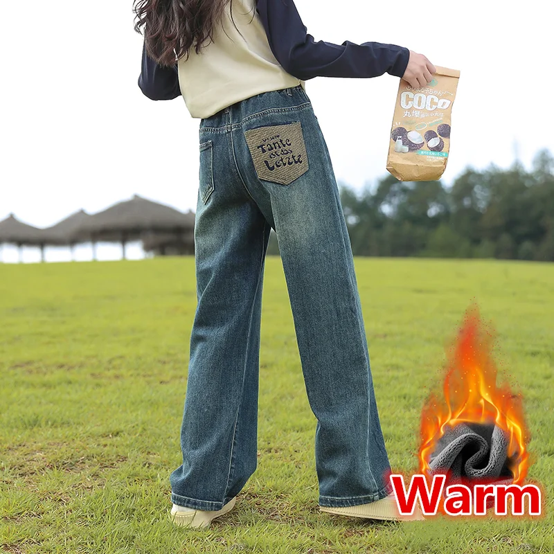

Hot Sale Elementary School Girls Winter Jeans with Fleece Lined Kids Children Warm Insulated Denim Pants Age 5 7 9 11 13 14 Y