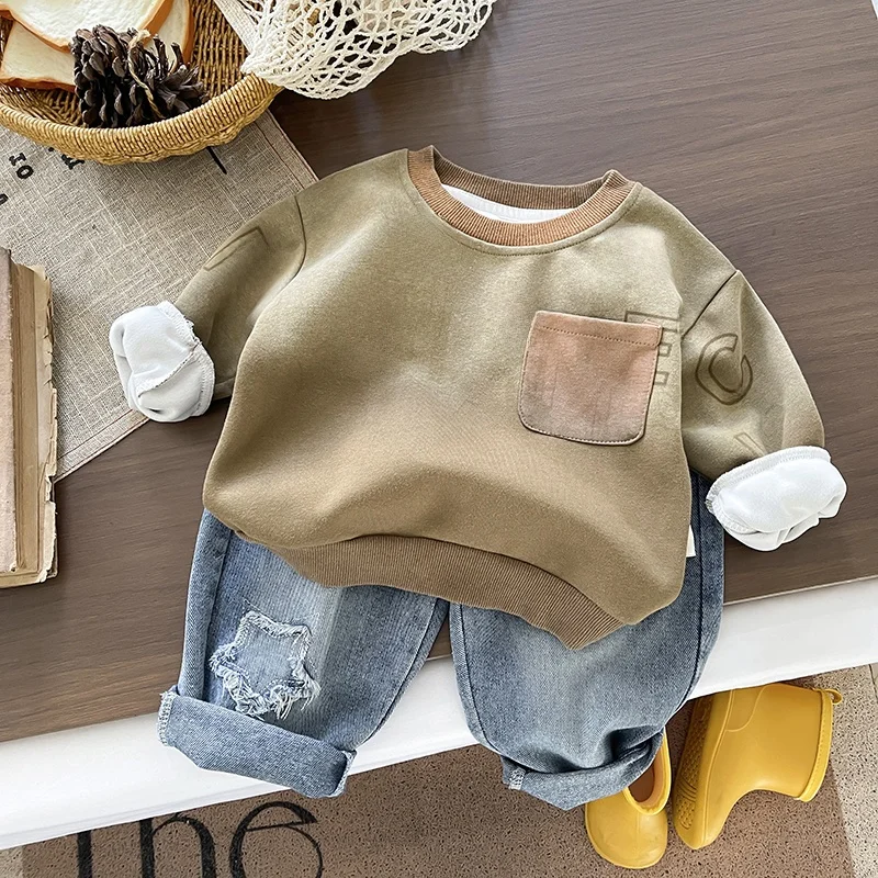 かわいい赤ちゃん漫画レタープリントスウェットシャツセット春シーズンのツーピース衣装男の子と女の子向けトレンディな韓国スタイルの服