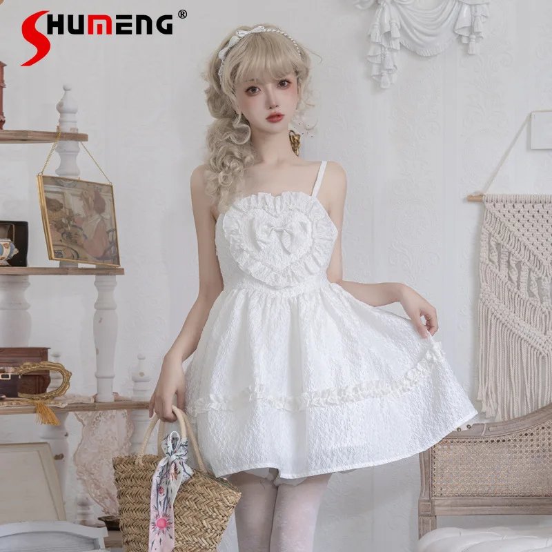 

Japanese Sweet Elegant Princess Dress Ruffles Splicing Bow Sleeveless High Waist Slim A-line Sling Ball Gown Short Dress Women