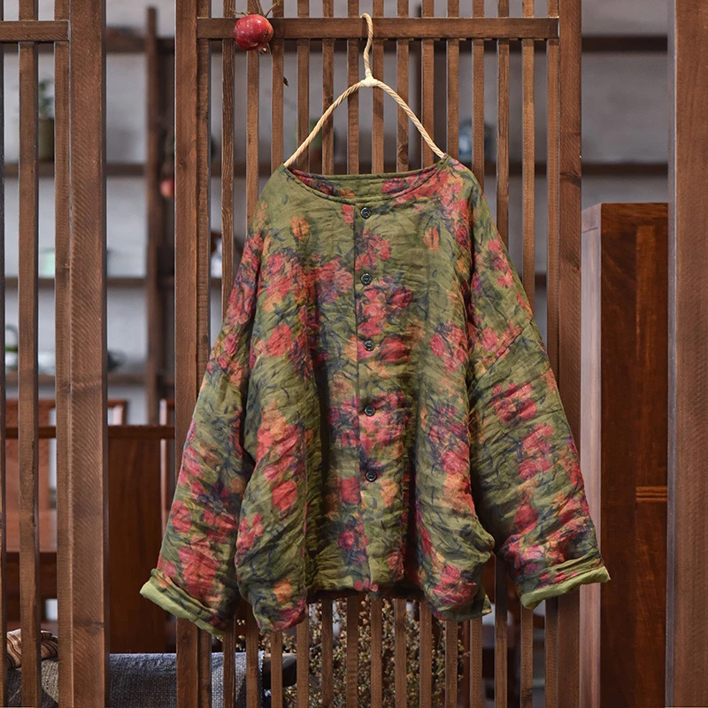 

Women Cotton Linen Casual Jackets New Arrival 2025 Spring Vintage Style O-neck Floral Print Loose Female Long Sleeve Coats M1218