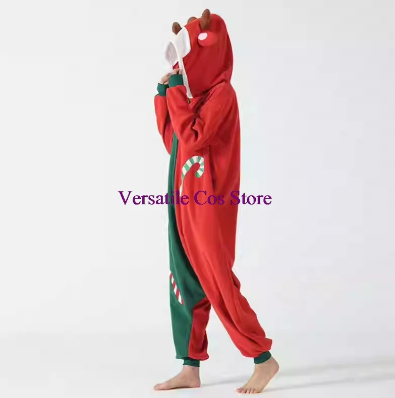 2025 New Year's Christmas costume, cute animal antlers jumpsuit pajamas, hooded warm flannel jumpsuit pajamas