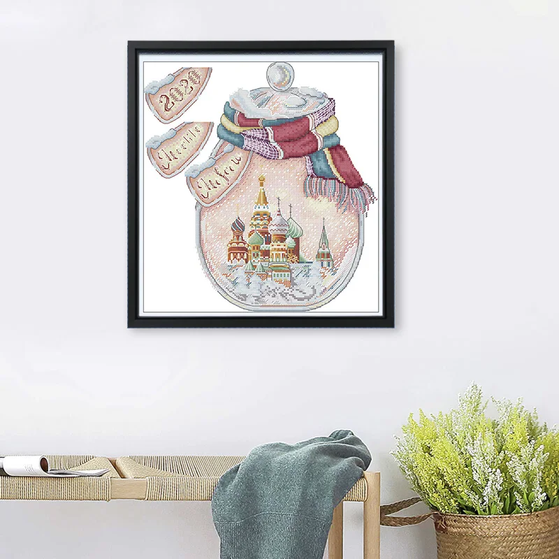 

Joy Sunday Preprint Cross Stitch Kit 14CT/16CT/11CT Canvas DIY Needle Embroidery Set for Home Decor Gift Moscow in A Bottle