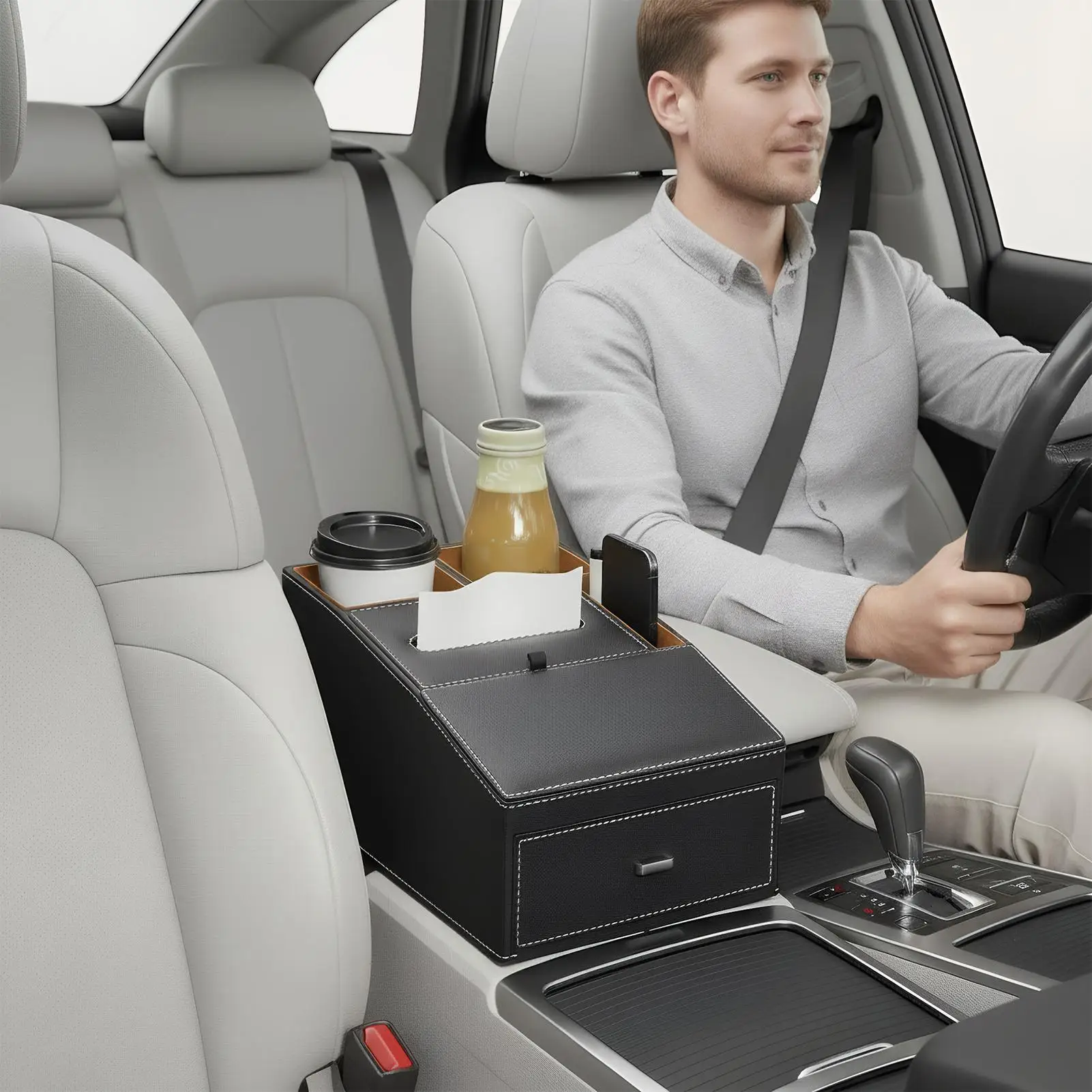 

Car Armrest Box Ergonomic Dispenser Cover Car Console Organizer with Cup Holder for Automotive Interior Phone Accessories