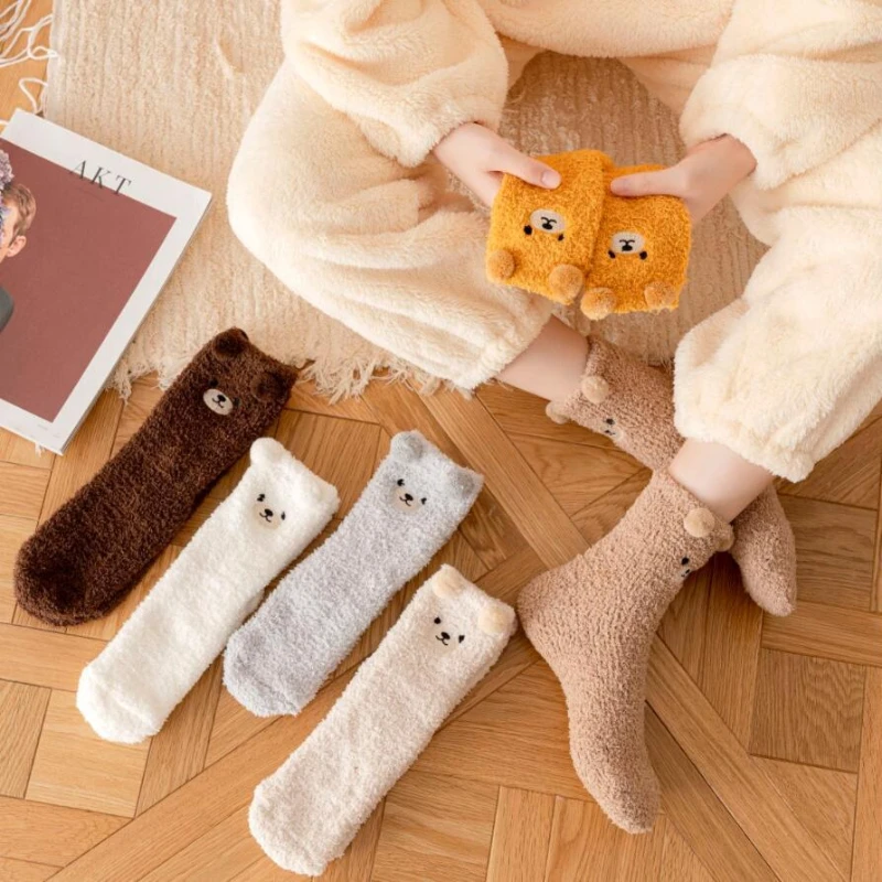 

Women Socks Winter Cute Bear Coral Fleece Fuzzy Socks Female Autumn Cashmere Happy Funny Thickened Warm Home Floor Sleep