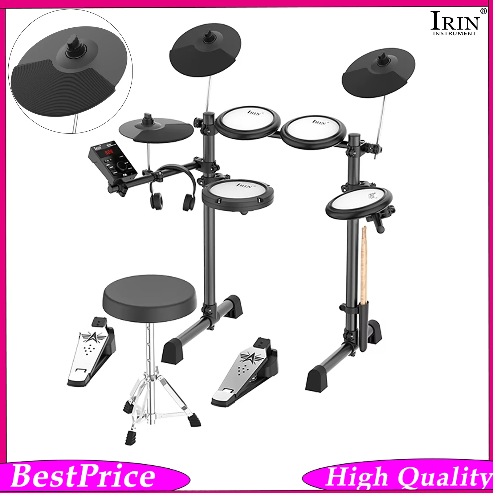 IRIN ND-08 Electronic Drum Kit Mesh Silicone Pads 5 Drums 3 Cymbals Bluetooth MIDI Silent Drum Set for Home Stage Practice