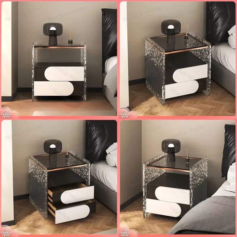 Modern Luxury Acrylic Bedside Table with 2 Drawers Glass Top Touch Control LED Lighting Bedroom Furniture Nightstand for