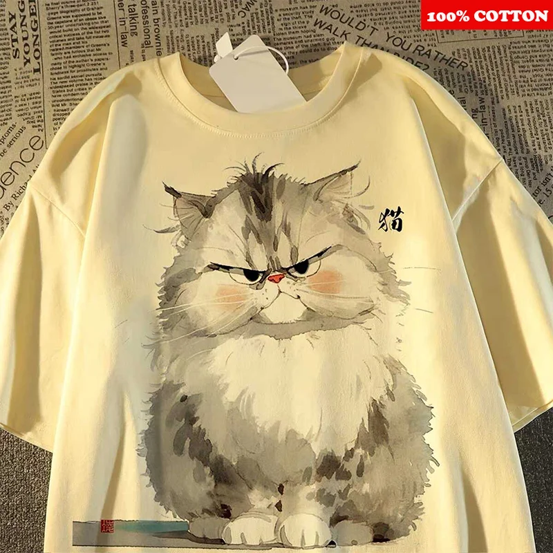 Cute Cartoon Cat Print T-shirt Women Men Summer 2025 New 100% Cotton Short sleeve T-shirt Casual Y2k Tops Youth kawaii clothing