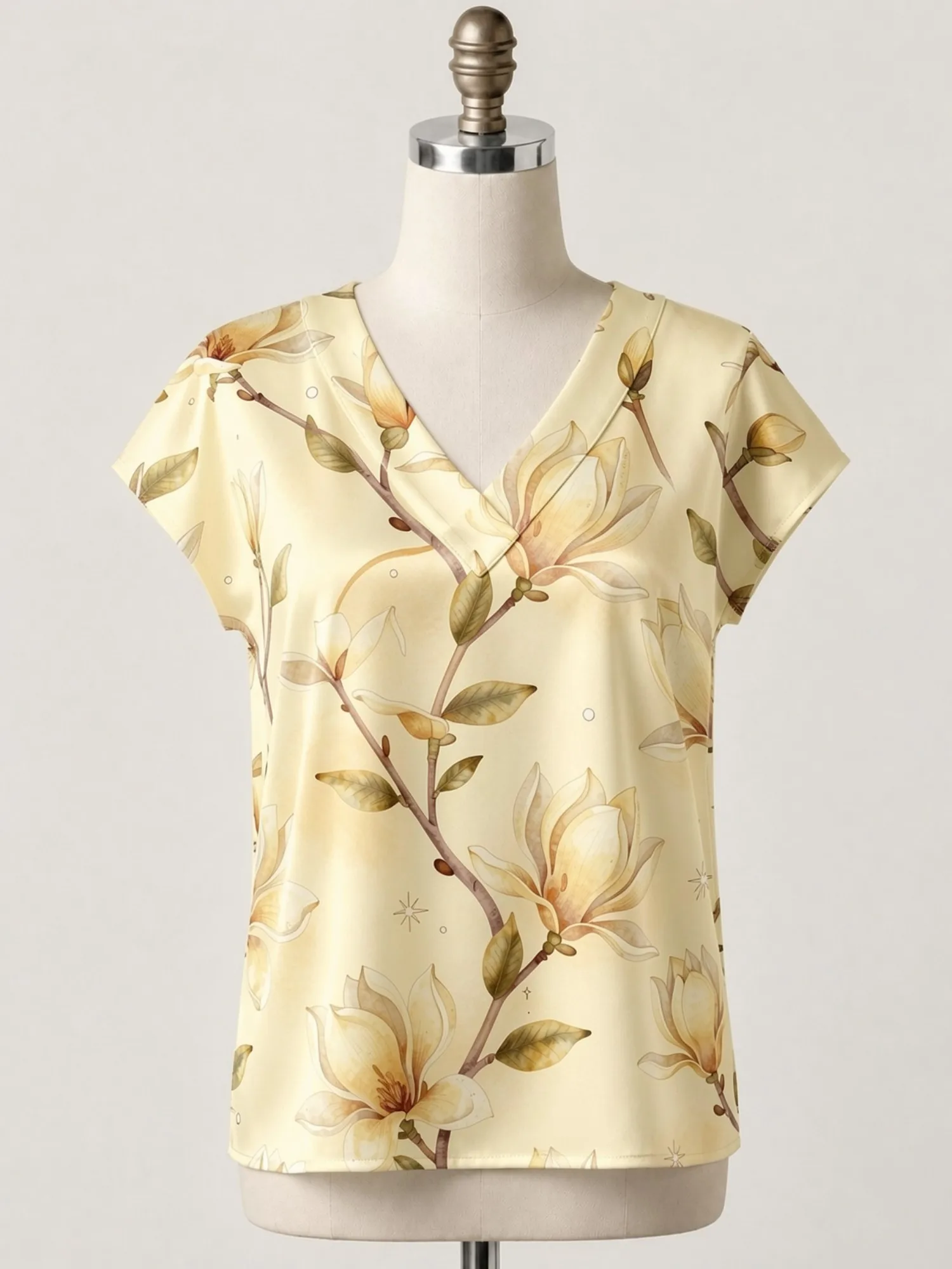 Floral Satin V Neck Top for Women Cap Sleeve Pullover Draped Fit Silky Summer Cruise Daily Wear Lightweight Breathable Versatile