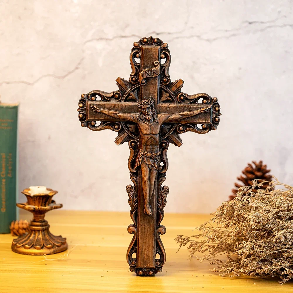 

Vintage Hand Carving Jesus Christ Crucified Wooden Cross, Wall Cross, Catholic Statue, Religious Figure Home Decoration